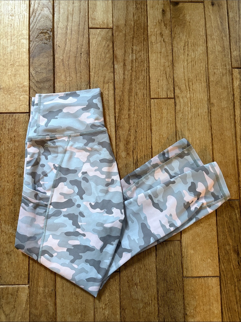 Fabletics Camo High-Rise Leggings in Gray, Light Pink & Pale Blue